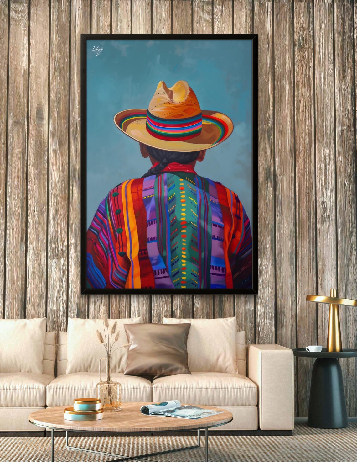 Cowboy Back View Rainbow Sombrero Woven Poncho Portrait Poster - Image 3
