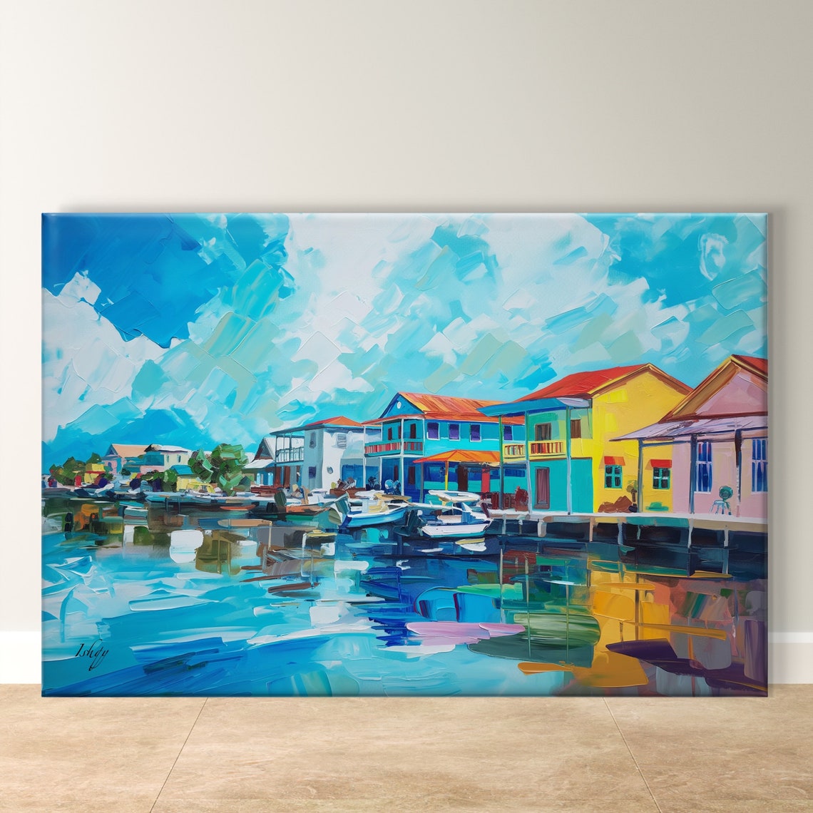 Belize City Caribbean Waterfront Vibrant Harbor Painting Art Poster