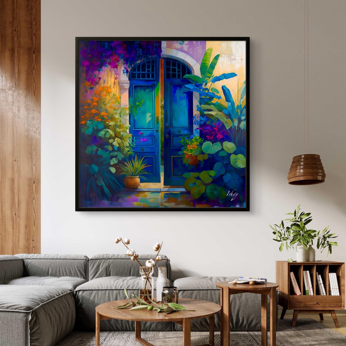 Vibrant Blue Doorway Framed by Lush Tropical Plants Garden Poster - Image 2