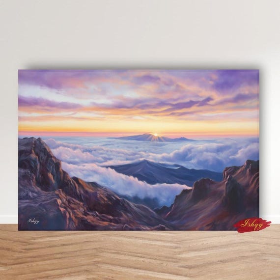 Haleakal Sunrise Art Maui Crater Hawaiian Mountain Wall Print Scenic Cloud Painting Serene Nature Home Gift