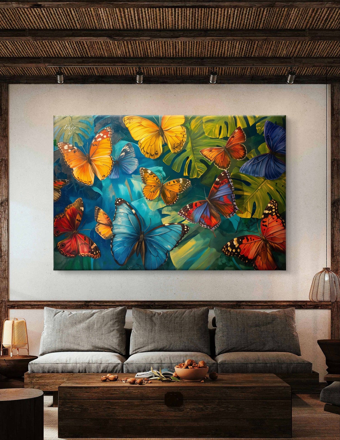 Colorful Butterflies Among Tropical Leaves Nature Painting Poster - Image 4