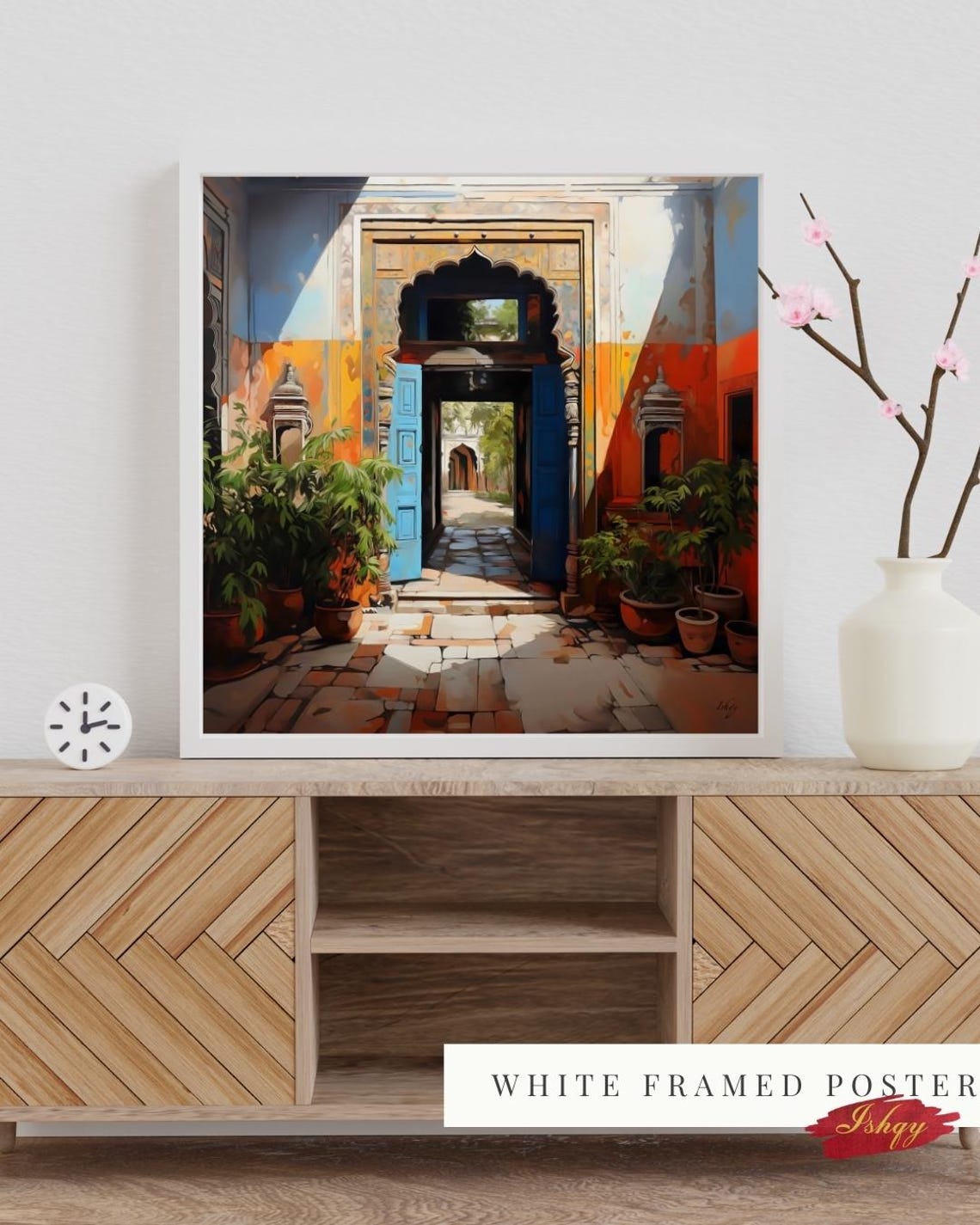 Indian Haveli Courtyard with Blue Doors and Archway Art Poster - Image 3