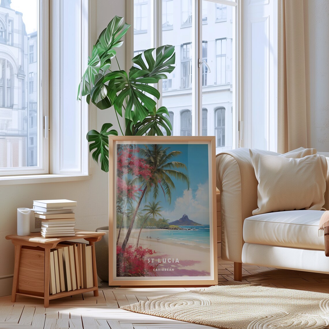 St Lucia Caribbean White Sand Palm Beach Bougainvillea Travel Poster - Image 2