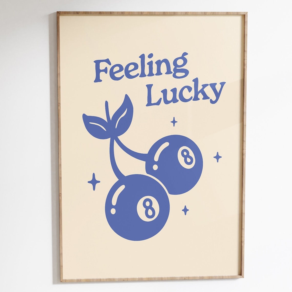 Feeling Lucky Blue 8-Ball Cherry Illustration Retro 70s Wall Art