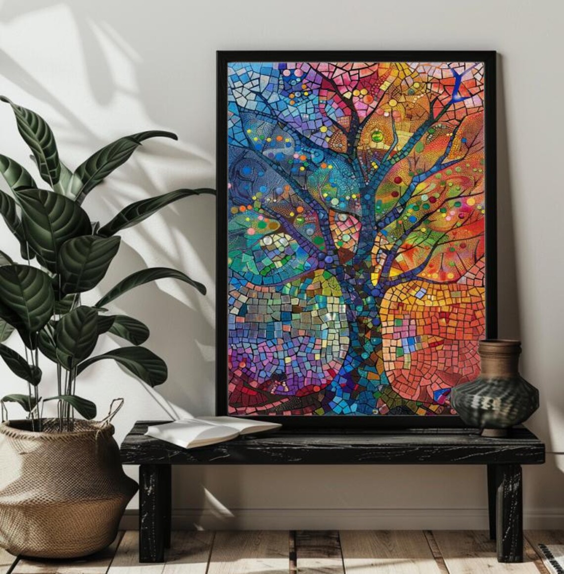 Colorful Mosaic Tree of Life in Rainbow Stained Glass Poster