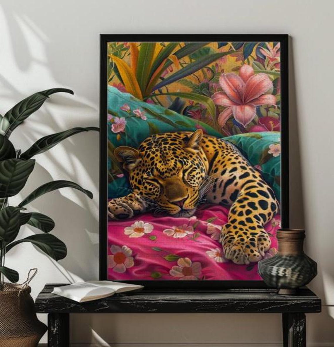 Sleeping Leopard Among Tropical Flowers Jungle Wildlife Art Poster