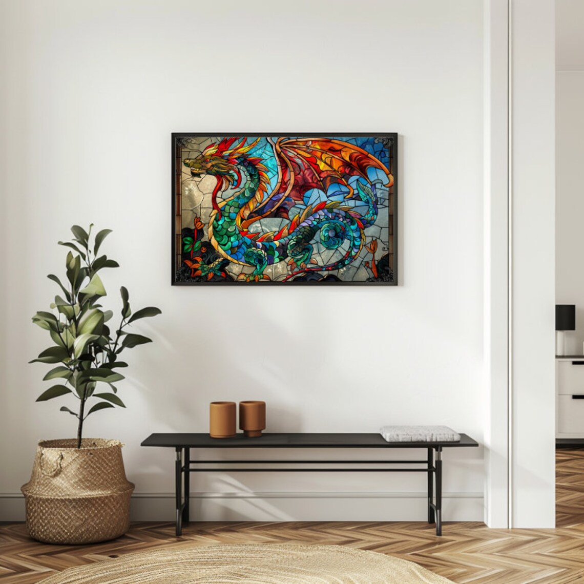 Fierce Red and Gold Dragon Soaring in Stained Glass Fantasy Poster - Image 2