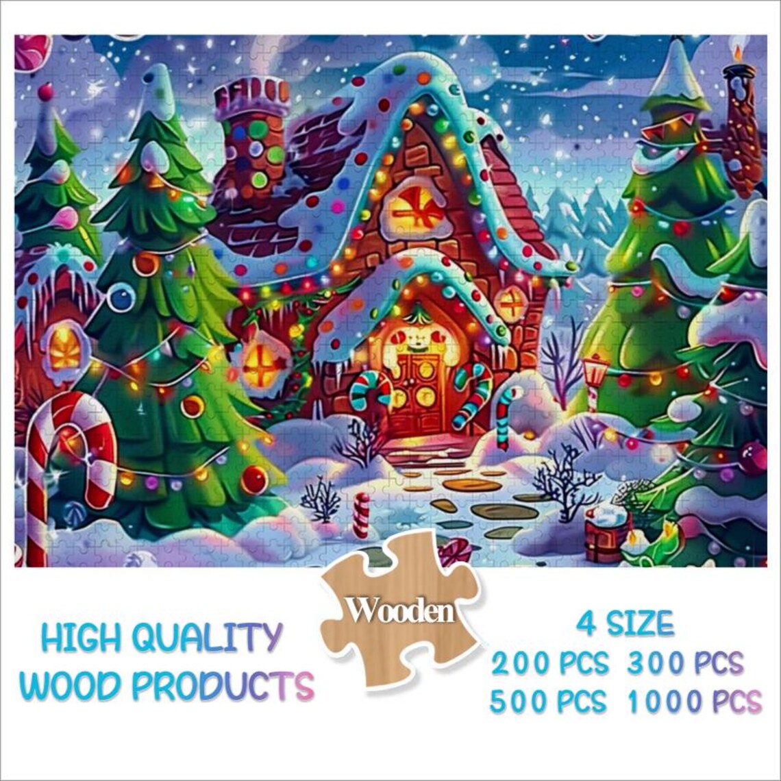 Christmas Candy House Cottage Snowy Village Night Lights Poster - Image 2