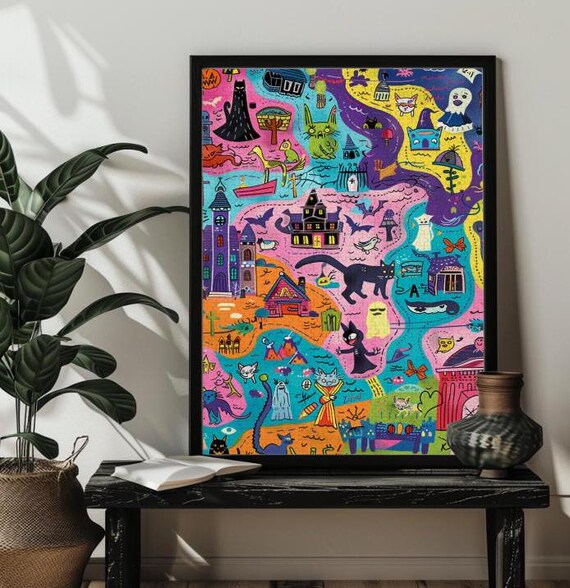 Halloween Town Doodle Map Black Cats Ghosts Cartoon Art Poster