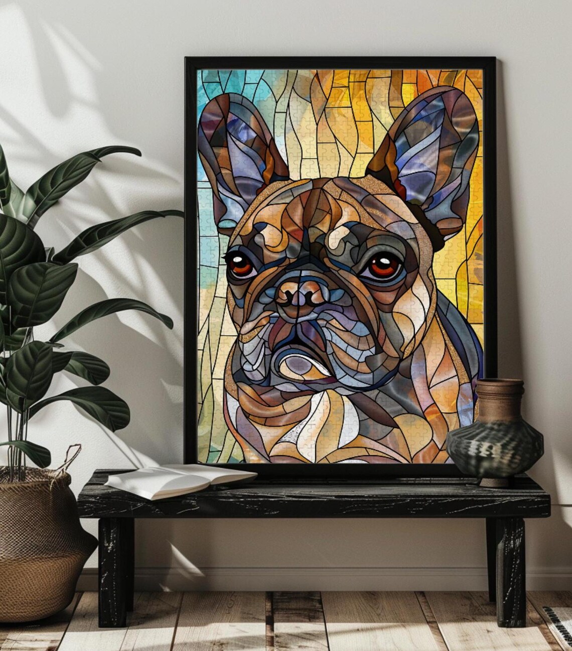 Stained Glass French Bulldog Portrait Green Leaves Art Poster - Image 2