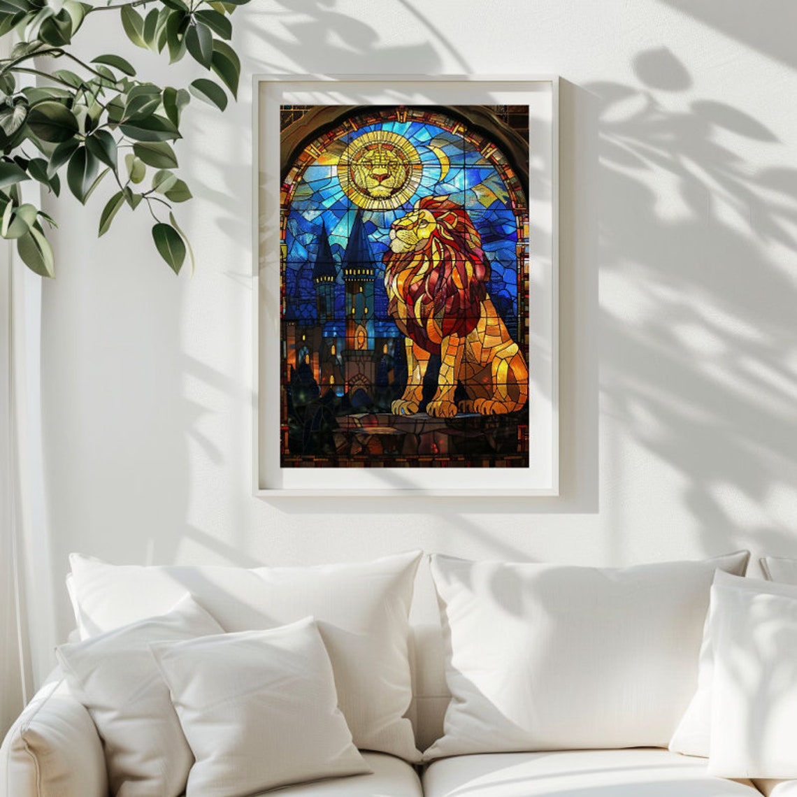 Stained Glass Lion Before Castle Majestic Golden Window Art Poster - Image 2