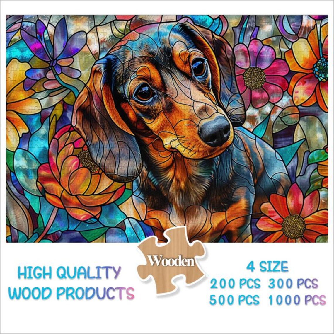 Stained Glass Dachshund Jigsaw Puzzles3005001000 Wood Dog Puzzle Decor Art Dachshund Family Puzzle Dachshund Weiner Art Dog Lovers Gift - Image 2