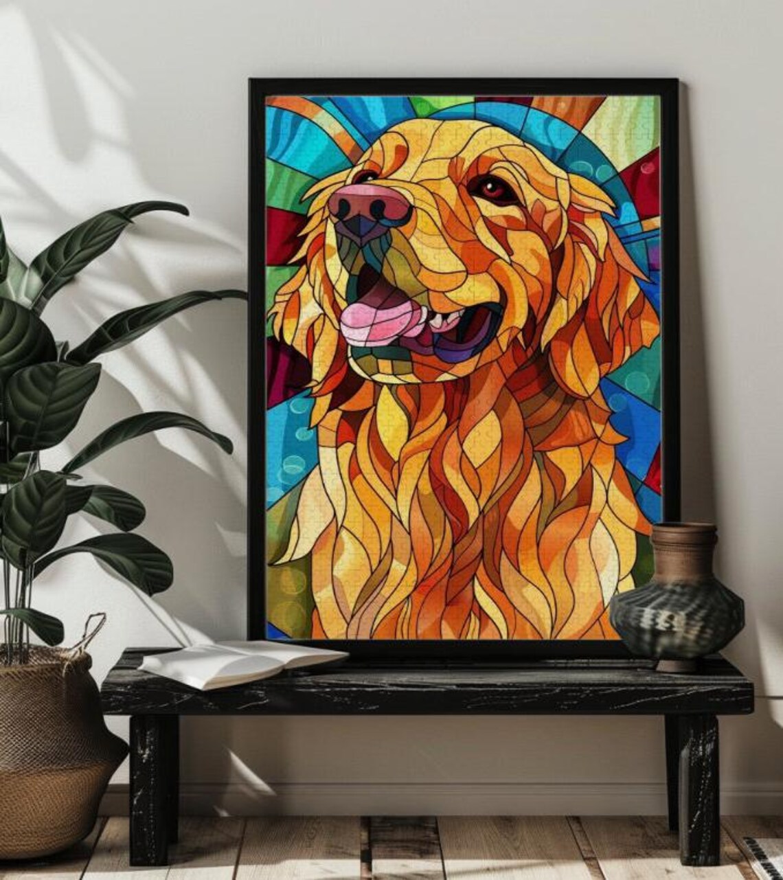 Stained Glass Golden Retriever Jigsaw Puzzle Art Print