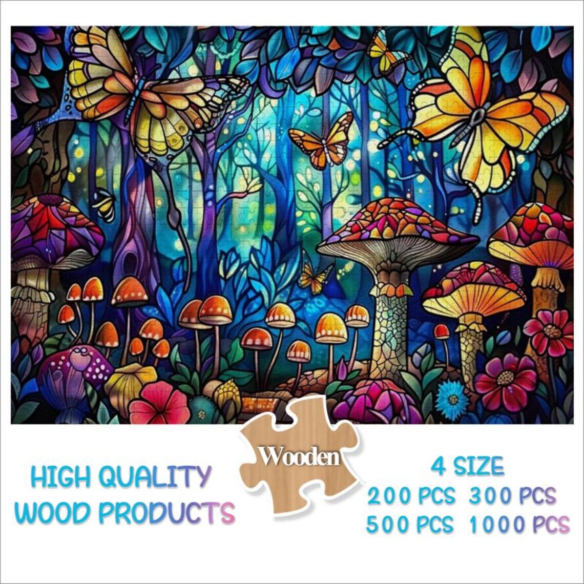Stained Glass Mushroom Forest With Butterflies Enchanted Art Poster - Image 3
