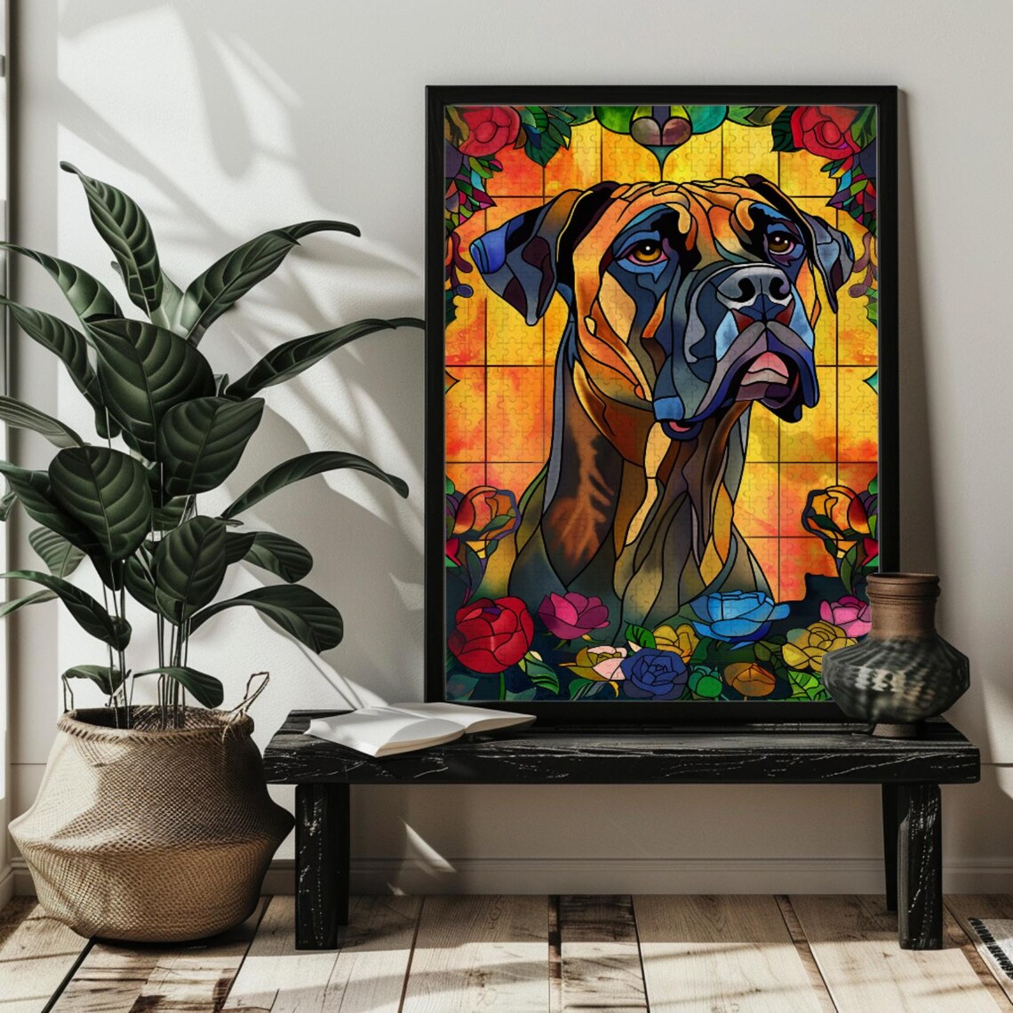 Stained Glass Boxer Dog Portrait with Roses Dog Lover Poster
