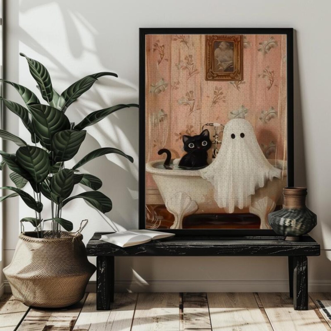 Ghost And Cat In Bathtub Spooky Halloween Art Print - Image 3