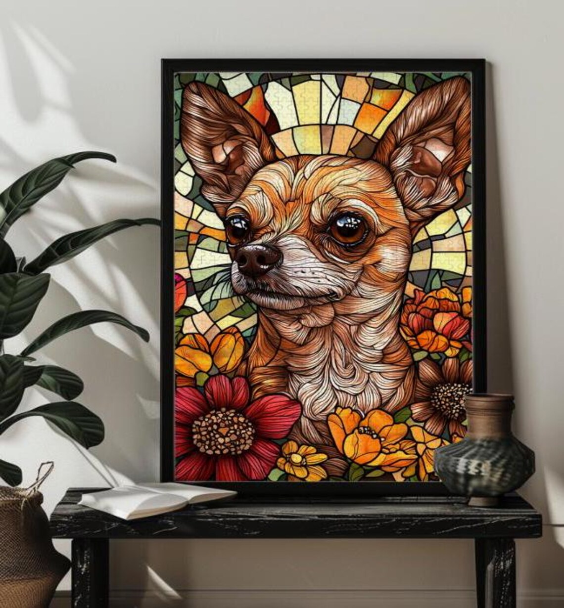 Sweet Stained Glass Chihuahua Portrait with Bright Flowers Poster - Image 2