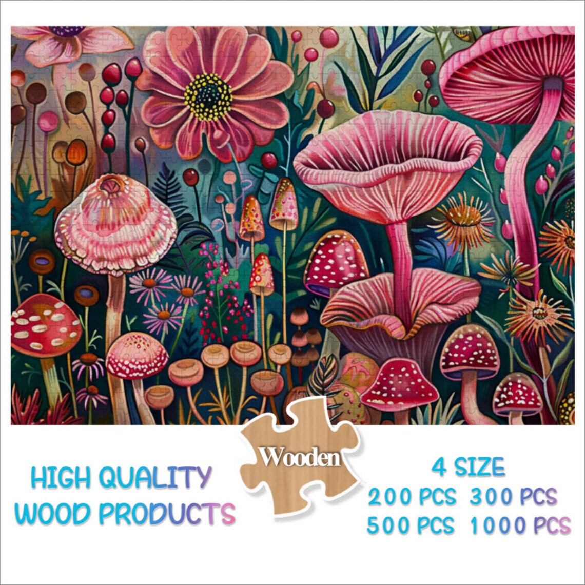 Mushrooms and Flowers Jigsaw Puzzle Art Print - Image 2