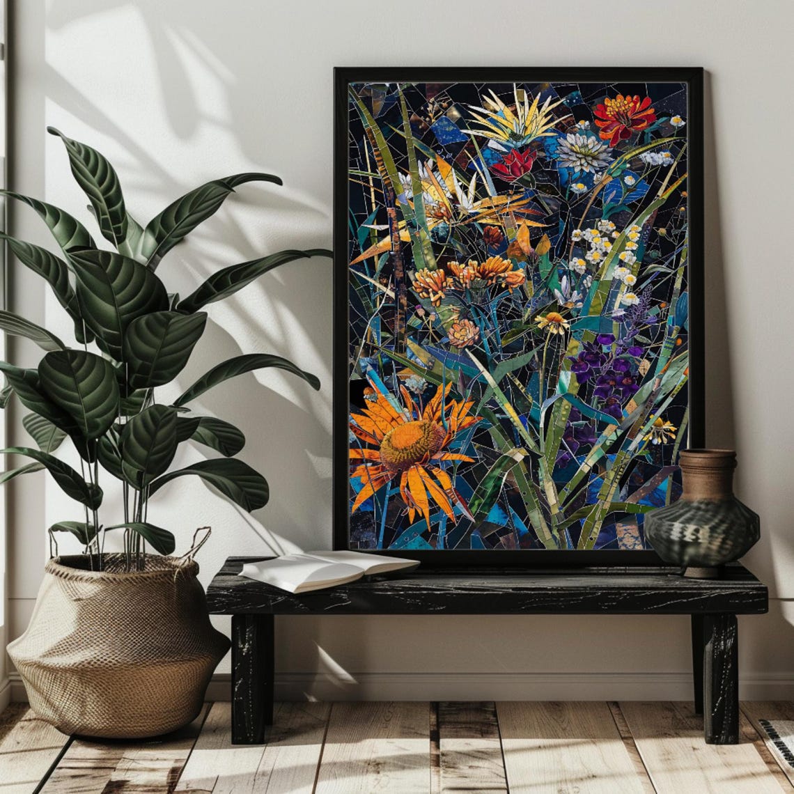 Stained Glass Wildflower Meadow Orange Pink Blooms Night Poster - Image 3