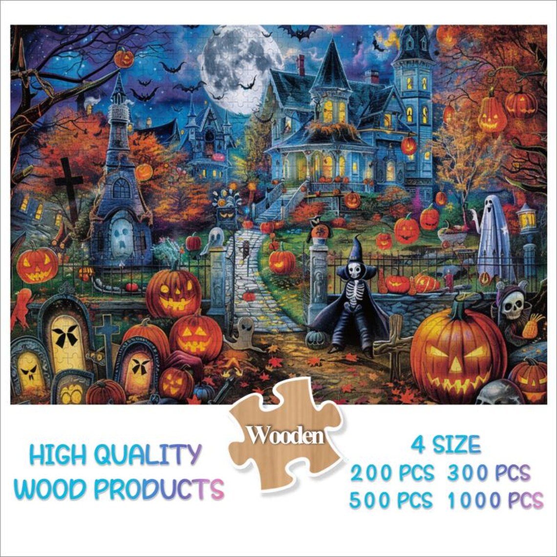 Halloween Haunted House Pumpkins Ghosts Moonlit Night Art Poster