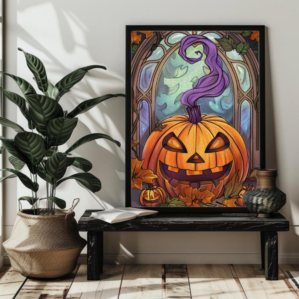Halloween Stained Glass Pumpkin Jigsaw Puzzle Art Print - Image 2