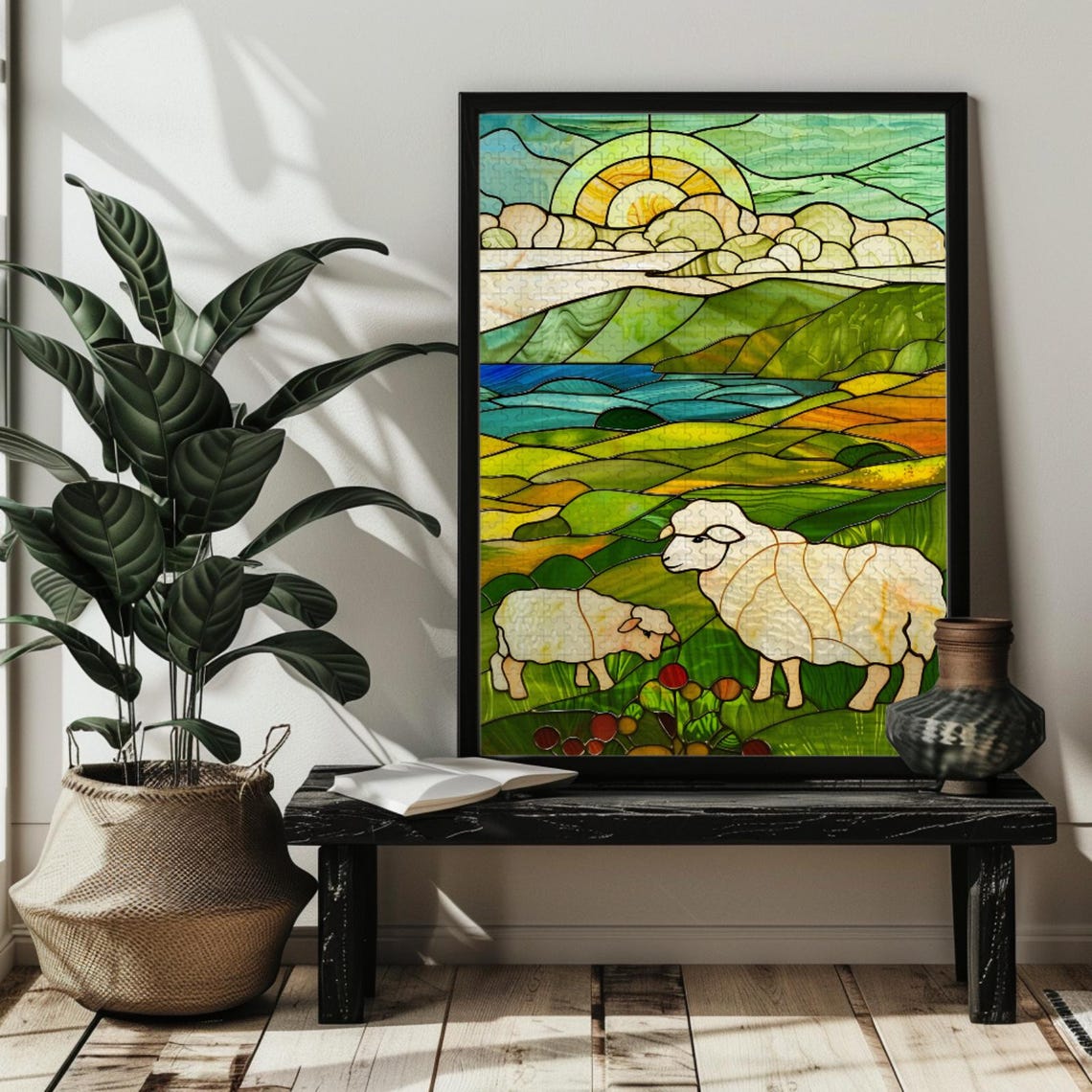 Green Rolling Hills Landscape Sheep Stained Glass Countryside Poster - Image 2