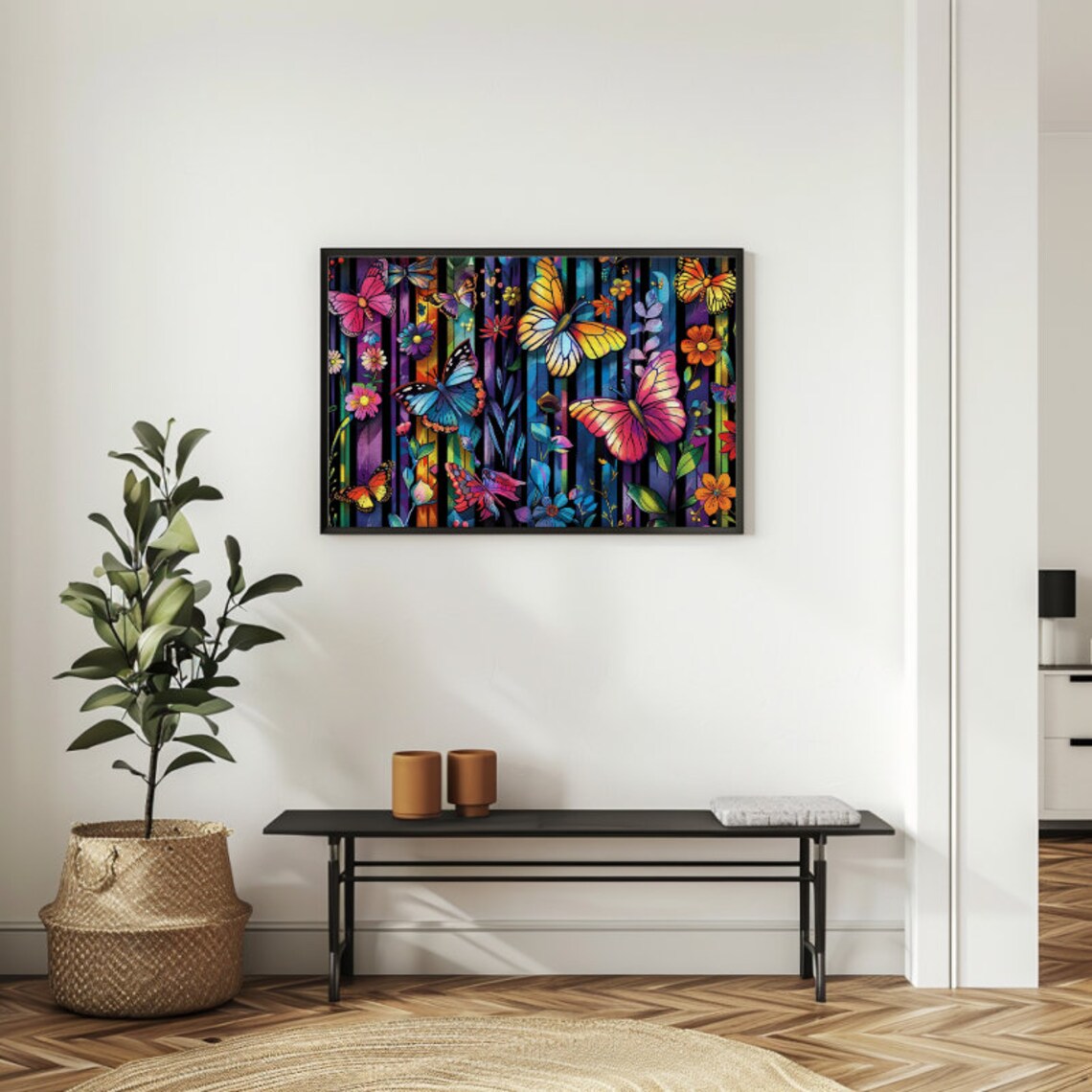 Colorful Butterfly Stained Glass Stripe Wildflower Meadow Poster - Image 2