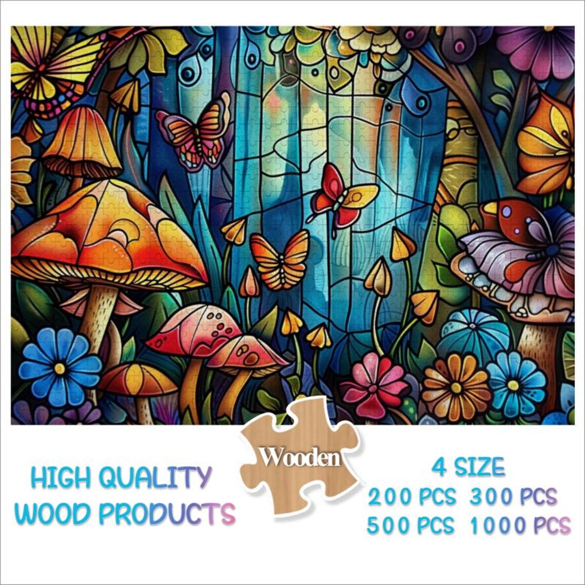 Stained Glass Mushroom Forest With Butterflies Enchanted Art Poster - Image 2