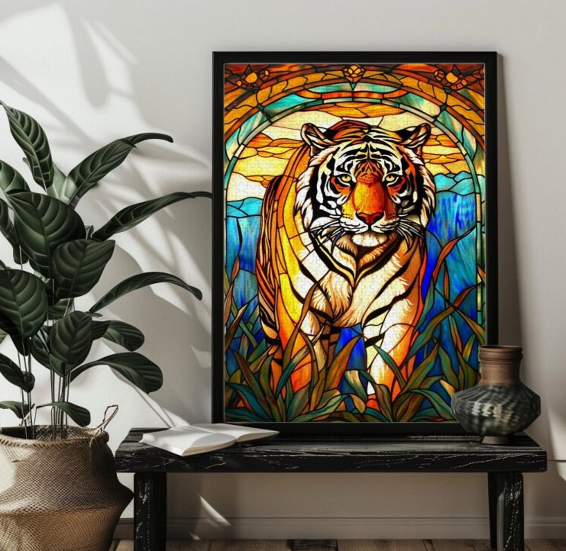 Majestic Orange Tiger Prowling in Stained Glass Jungle Scene Poster - Image 4