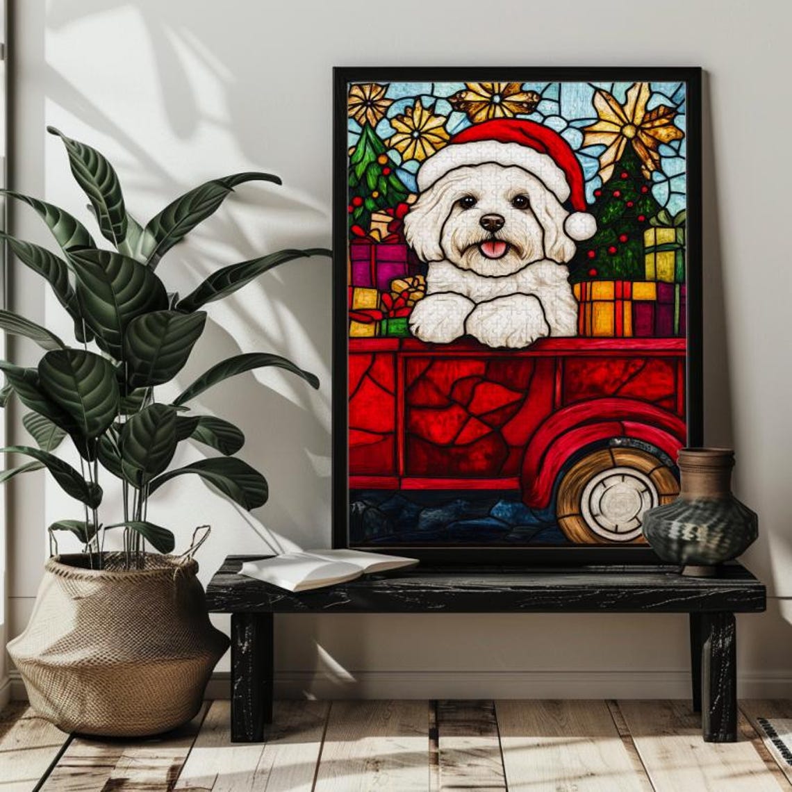 Havanese Dog in Santa Hat Red Pickup Truck Christmas Gift Poster - Image 3