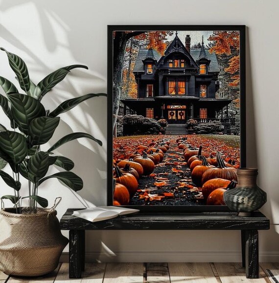 Spooky Victorian House With Pumpkin Path Autumn Night Art Poster