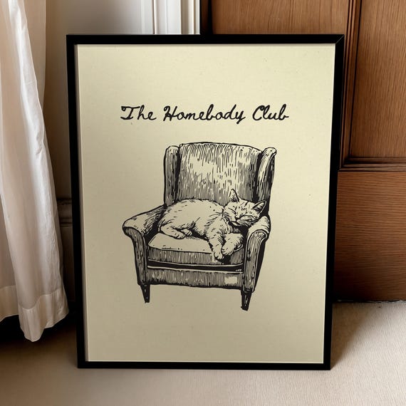 Homebody Club Hand Drawn Poster Minimalist Cat Art Cottage Chic Decor Print Digital Download