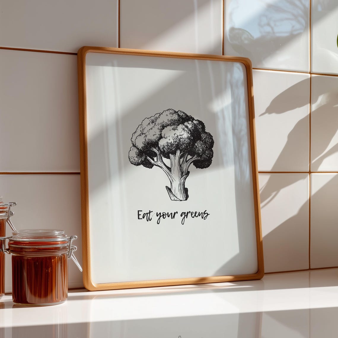 Eat Your Greens Broccoli Hand Drawn Ink Sketch Kitchen Wall Art