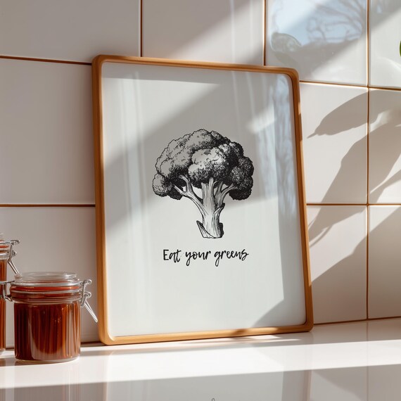 Eat Your Greens Broccoli Hand Drawn Ink Sketch Kitchen Wall Art