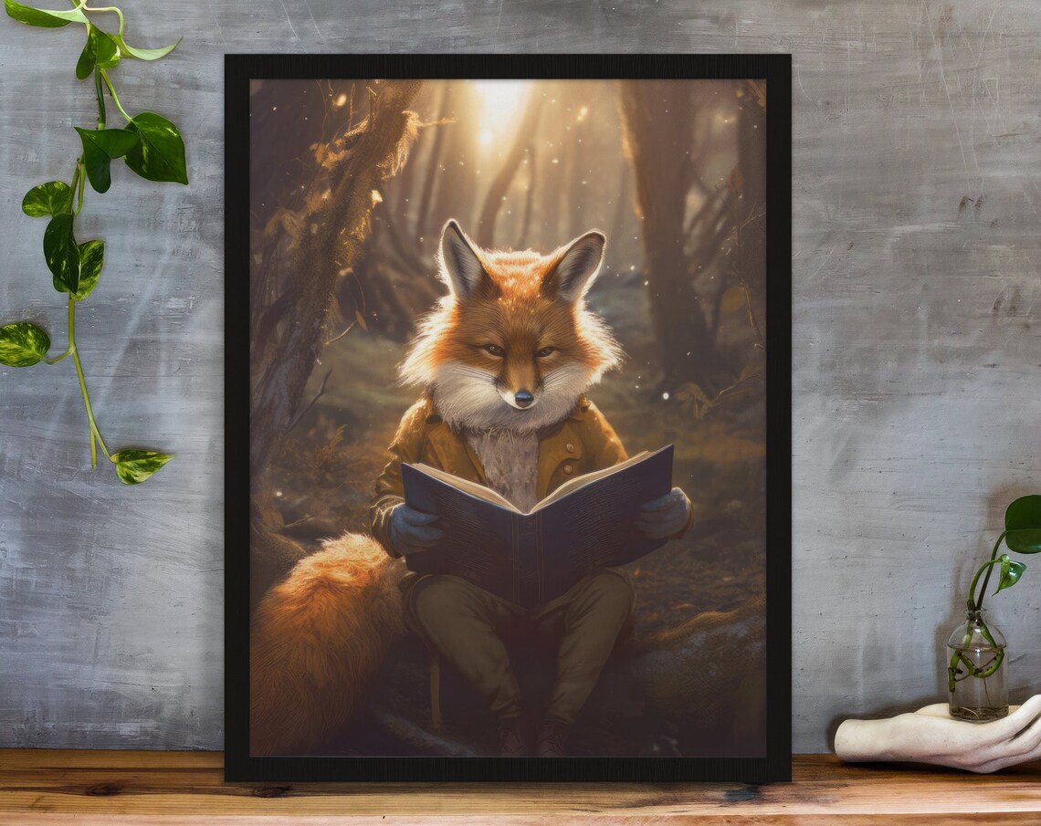 Fox Reading Book Art Print, Animal Decor