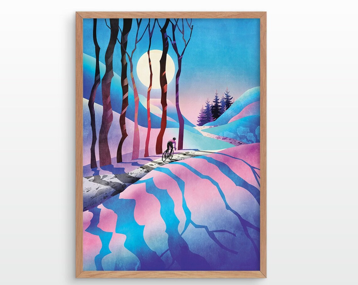 Winter Night Cycling Through Snowy Forest Moonlight Poster for Cyclists