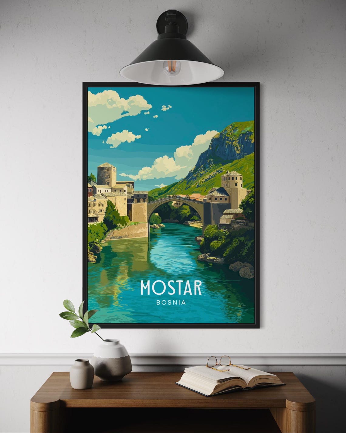 Mostar Bosnia Historic Stari Most Bridge River Retro Travel Poster