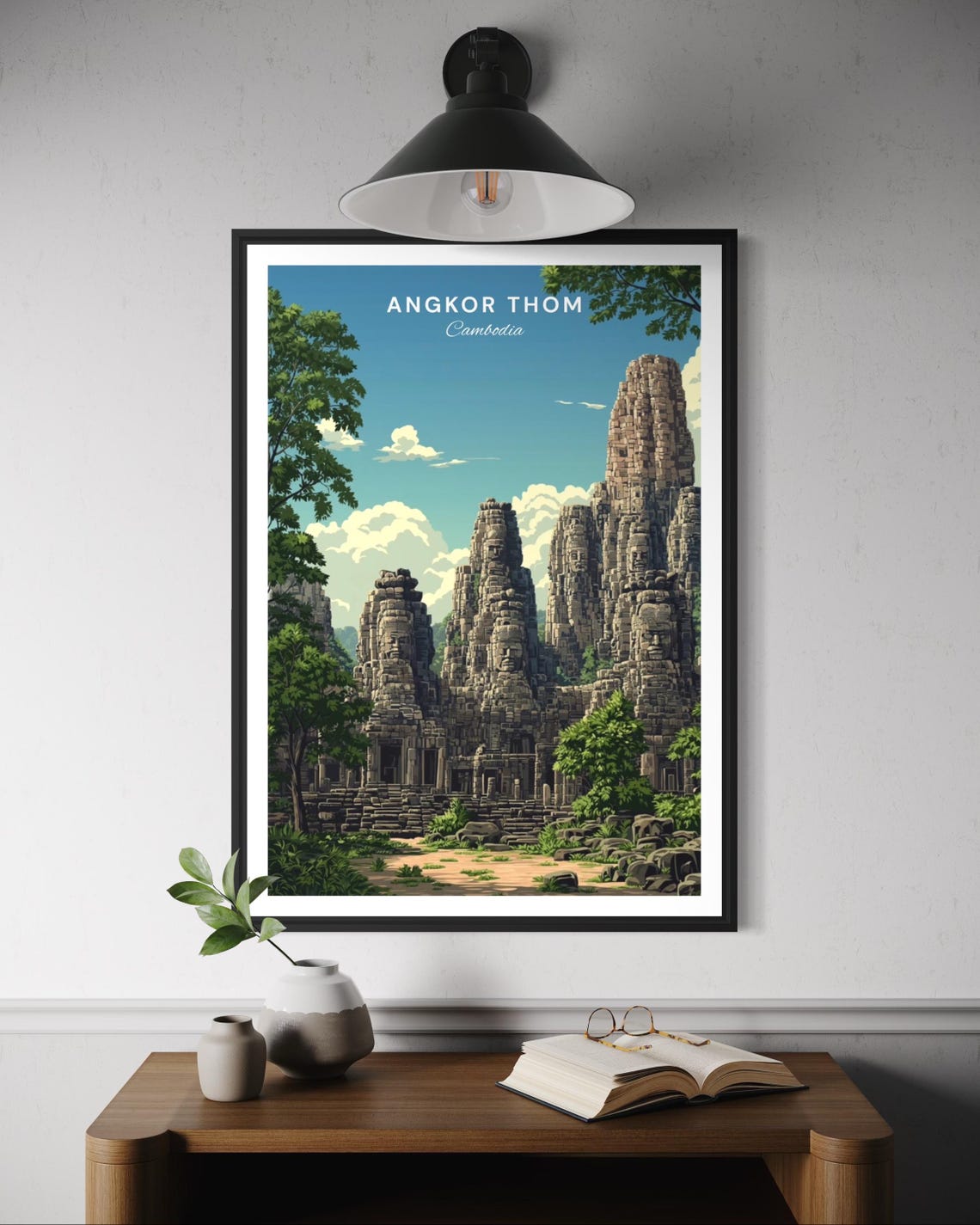 Angkor Thom Cambodia Bayon Temple Smiling Stone Faces Travel Poster