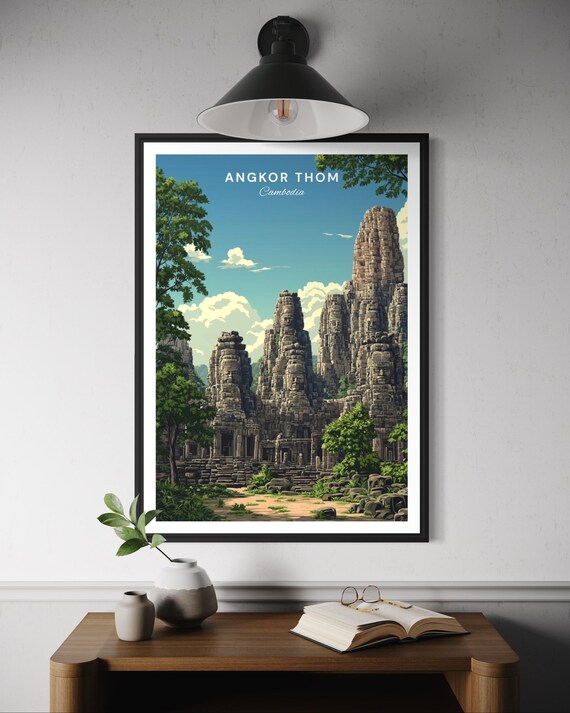 Angkor Thom Bayon Poster Cambodia Travel Wall Art Smiling Stone Face Temple Print Siem Reap Decor Ancient Khmer Architecture Artwork