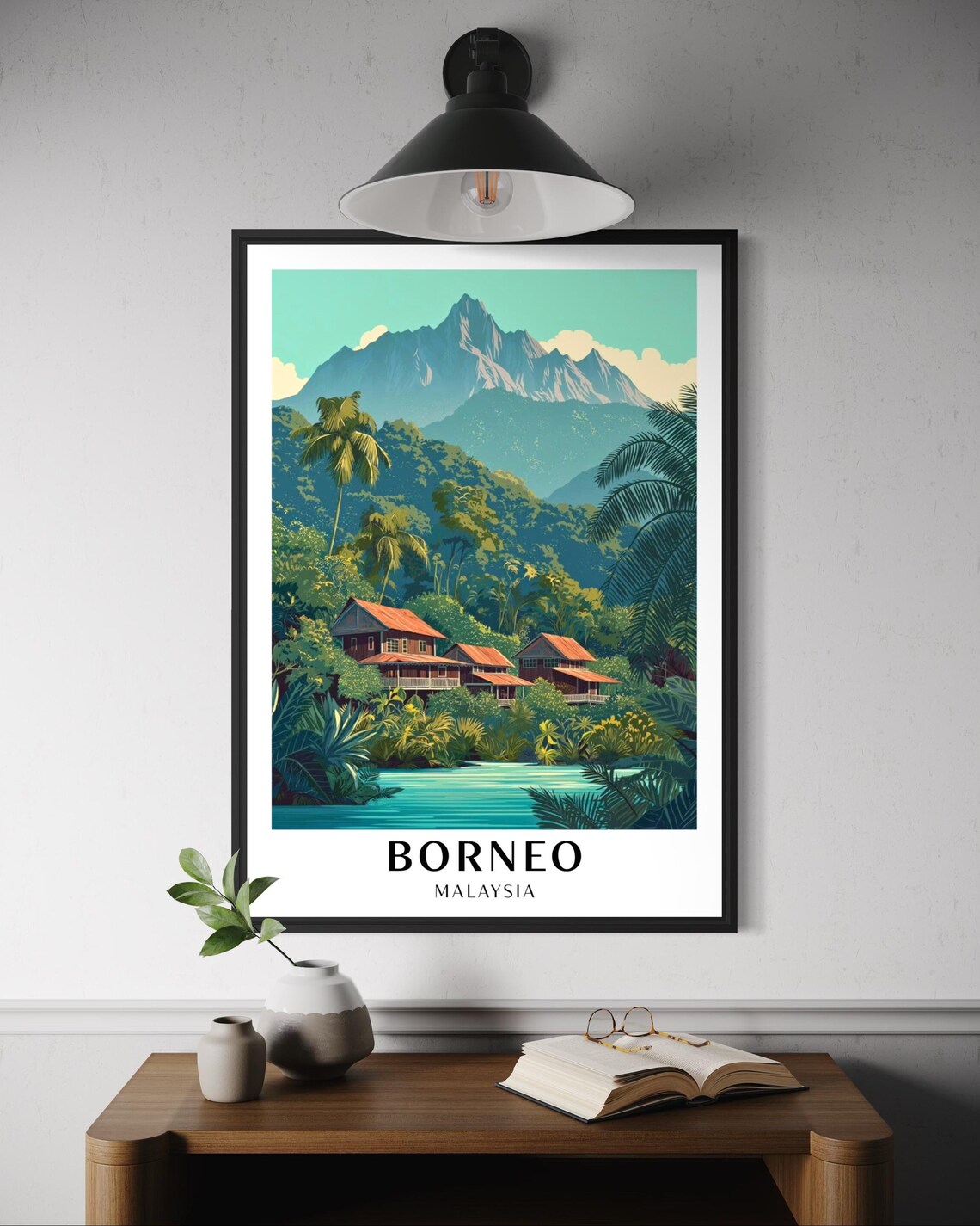 Borneo Malaysia Mountain Village Poster with Lush Jungle Peaks