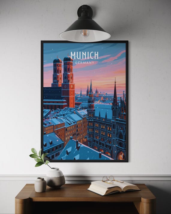 Munich Winter City Poster, Snowy Marienplatz Travel Poster