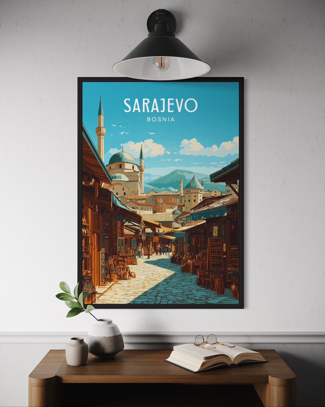 Sarajevo Bosnia Vintage Travel Poster Historic Bascarsija Bazaar Market Art