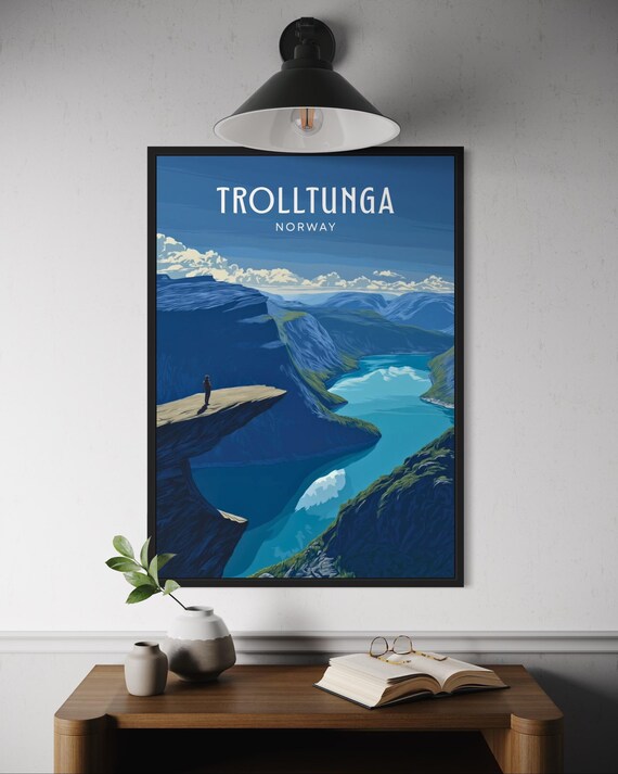 Trolltunga Norway Travel Poster Fjord Cliff Adventure Hiking Nordic Art