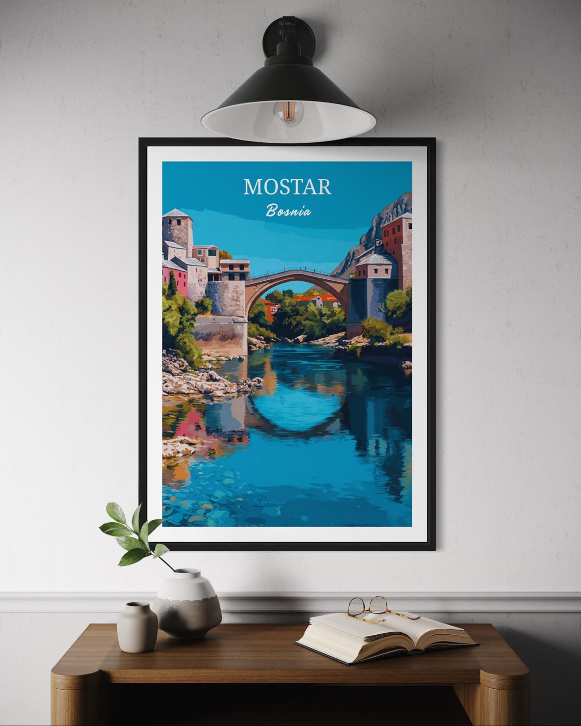 Mostar Bosnia Stari Most Stone Bridge River Reflection Travel Poster
