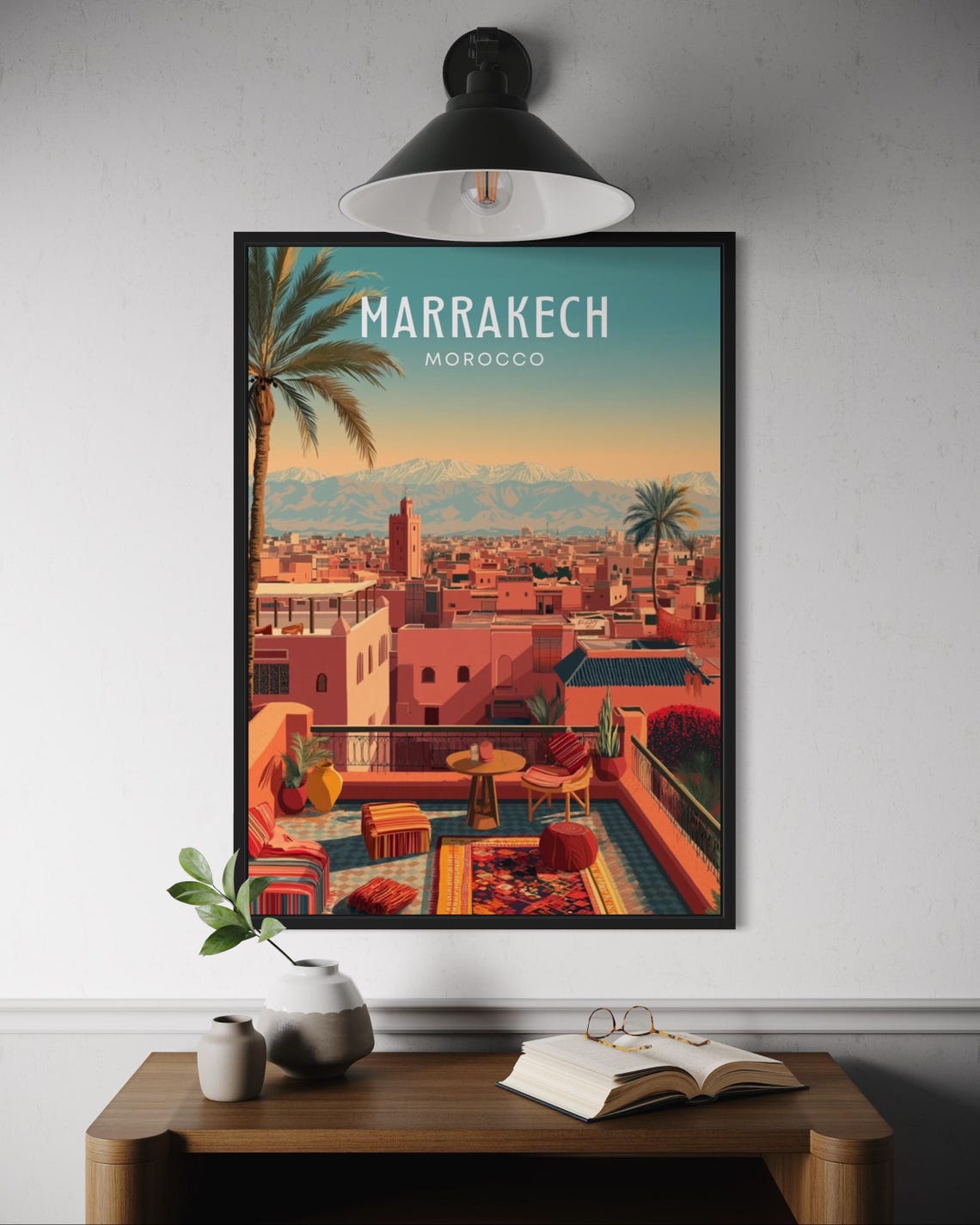 Marrakech Morocco Rooftop Terrace Rugs Palm Sunset Travel Poster