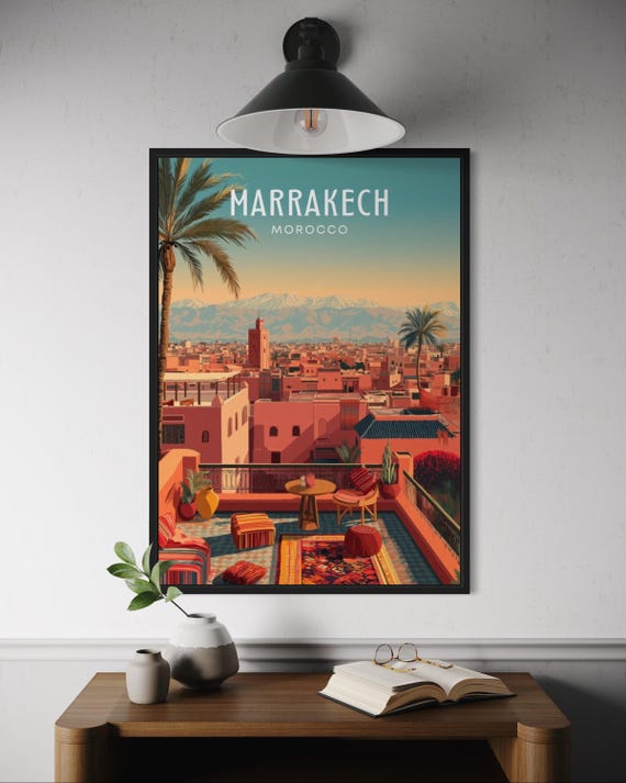 Marrakech Morocco Travel Print Rooftop Scene With Rugs Palm Tree Warm Sunset Wall Art Medina Poster Moroccan Decor North African