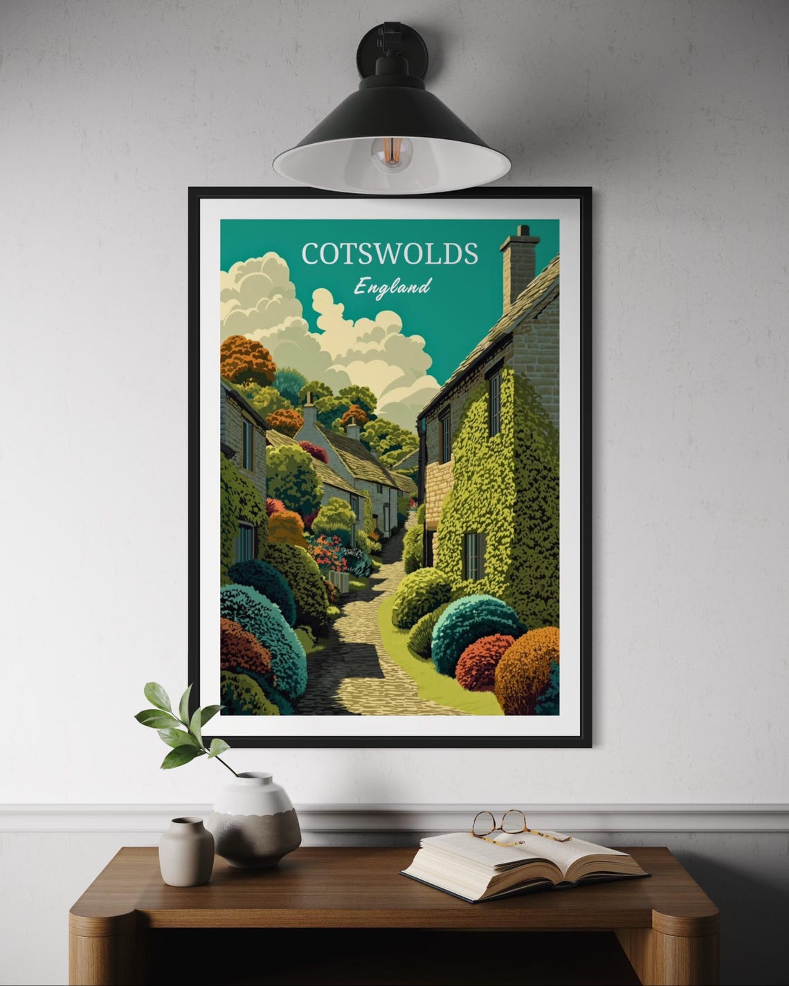 Cotswolds England Stone Cottage Lane Lush Garden Village Poster