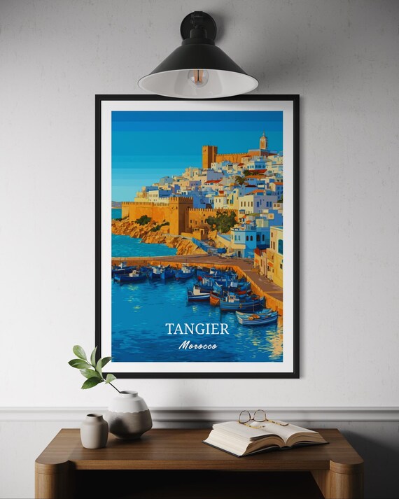 Tangier Morocco Travel Poster Medina Wall Art Strait Gibraltar Print North Africa Cityscape Coastal Artwork Moroccan Home