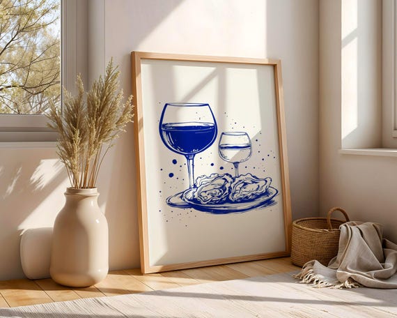 Wine And Oysters Blue Ink Sketch Art Coastal Kitchen Decor Poster
