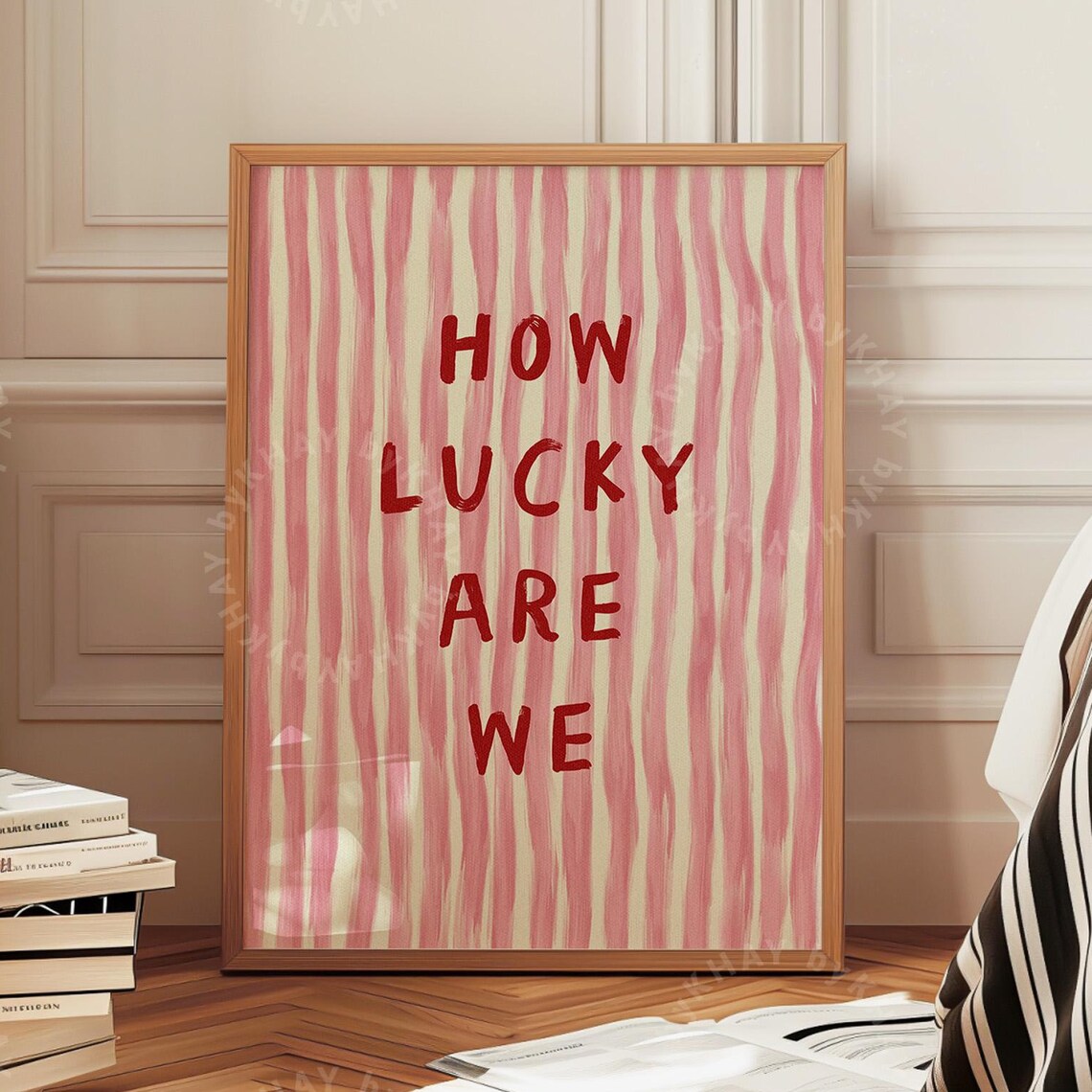 How Lucky Are We Quote Print, Trendy Stripe Aesthetic